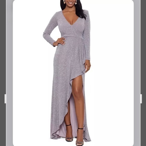 Betsy & Adam Dresses & Skirts - BETSY & ADAM V-neck Long Sleeve Metallic Ruffled Slit-Hem Gown in Granite